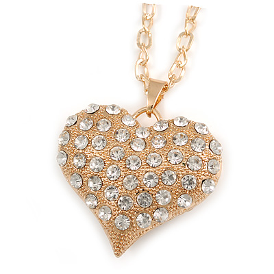 Clear Crystal Puffed Heart Pendant with Long Chunky Chain In Gold Tone Metal - 70cm L - main view