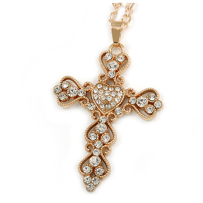 Statement Crystal Cross Pendant with Chunky Long Chain In Gold Tone - 70cm L - main view