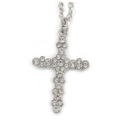 Medium Crystal Cross Pendant with Chunky Long Chain In Silver Tone - 70cm L - main view