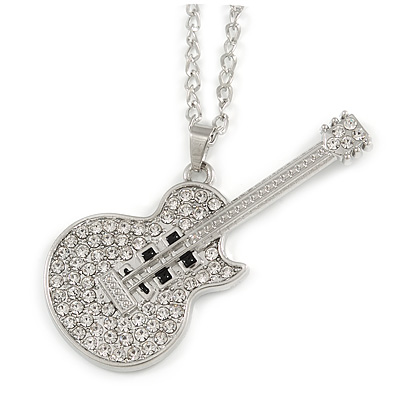 Statement Crystal Guitar Pendant with Long Chunky Chain In Silver Tone - 68cm L - main view