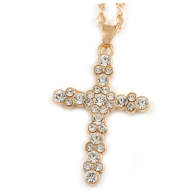 Medium Crystal Cross Pendant with Chunky Long Chain In Gold Tone - 66cm L - main view