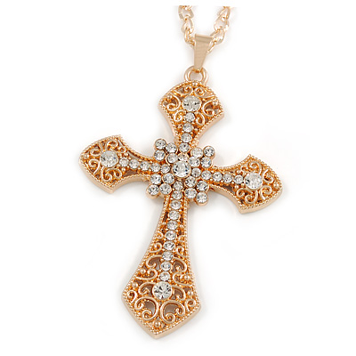 Large Crystal Filigree Cross Pendant with Chunky Long Chain In Gold Tone - 66cm L