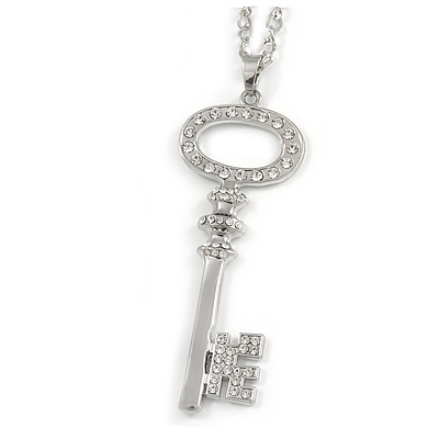 Statement Crystal Key Pendant with Long Chunky Chain In Silver Tone - 70cm L