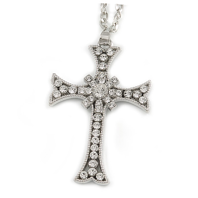 Large Crystal Cross Pendant with Chunky Long Chain In Silver Tone - 70cm L - main view