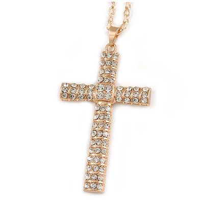 Statement Crystal Cross Pendant with Chunky Long Chain In Gold Tone - 66cm L - main view