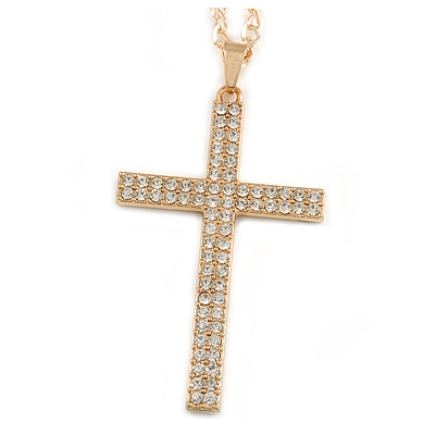 Large Crystal Cross Pendant with Chunky Long Chain In Gold Tone - 70cm L