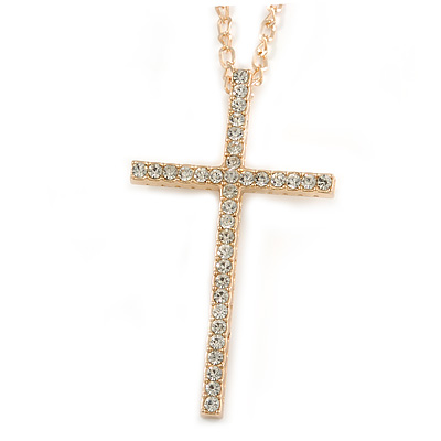 Large Crystal Cross Pendant with Chunky Long Chain In Gold Tone - 70cm L - main view