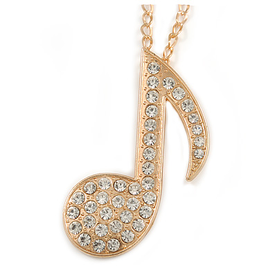 Large Clear Crystal Treble Clef/ Musical Note Pendant with Chunky Chain In Gold Tone - 70cm L - main view