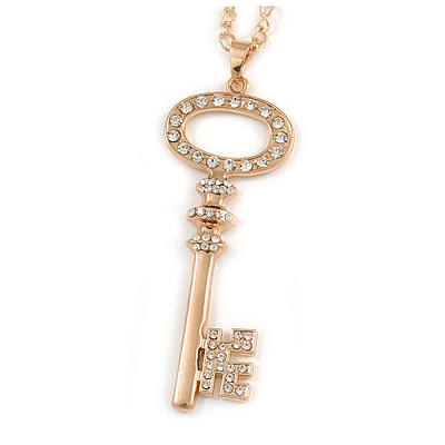 Statement Crystal Key Pendant with Long Chunky Chain In Gold Tone - 70cm L - main view
