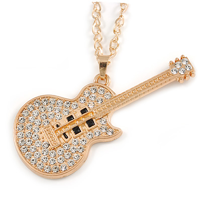 Statement Crystal Guitar Pendant with Long Chunky Chain In Gold Tone - 66cm L - main view