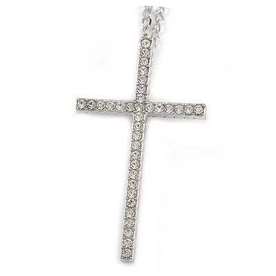 Large Crystal Cross Pendant with Chunky Long Chain In Silver Tone - 70cm L - main view