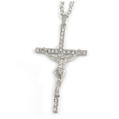 Statement Crystal Cross Pendant with Chunky Long Chain In Silver Tone - 70cm L - main view
