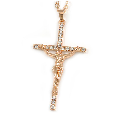 Statement Crystal Cross Pendant with Chunky Long Chain In Gold Tone - 70cm L - main view