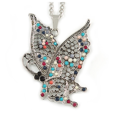 Multicoloured Beaded Butterfly Pendant with Long Chain In Silver Tone - 70cm L/ 4cm Ext
