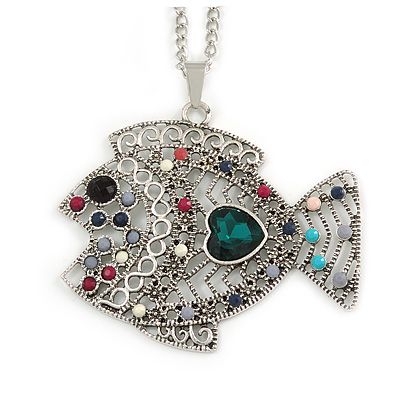 Multicoloured Beaded Fish Pendant with Long Chain In Silver Tone - 70cm L/ 5cm Ext