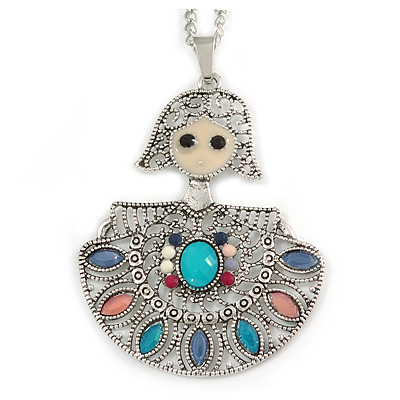 Multicoloured Beaded Doll Pendant with Long Chain In Silver Tone - 70cm L/ 5cm Ext - main view