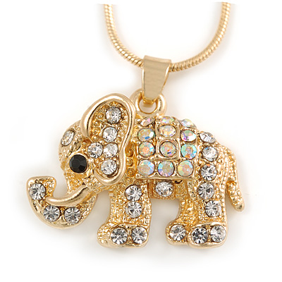 Small Crystal Elephant Pendant with Snake Type Chain In Gold Tone - 40cm L/ 5cm Ext - main view