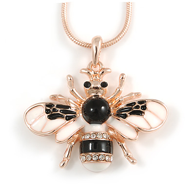 Cute Clear Crystal, White/ Black Enamel Bee Pendant with Rose Gold Tone Snake Chain - 40cm L/ 6cm Ext - main view