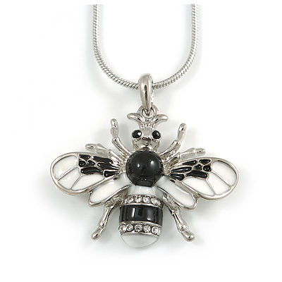 Cute Clear Crystal, Black/ White Enamel Bee Pendant with Rhodium Plated Snake Chain - 40cm L/ 6cm Ext - main view