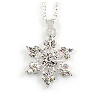 Christmas Clear/ Ab Snowflake Pendant with Silver Tone Chain - 40cm L/ 5cm Ext - main view