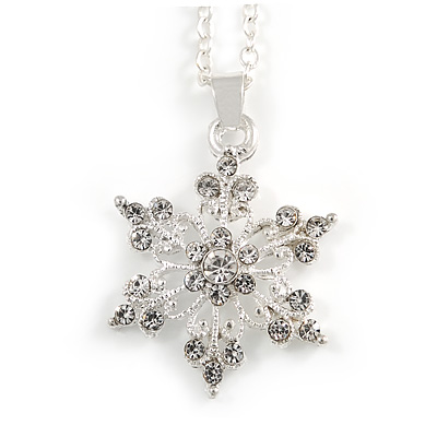 Christmas Clear Snowflake Pendant with Silver Tone Chain - 40cm L/ 5cm Ext - main view