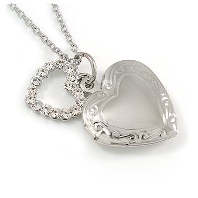 Small Double Heart Clear Crystal Locket Pendant with Silver Tone Chain - 40cm L/ 5cm Ext - main view