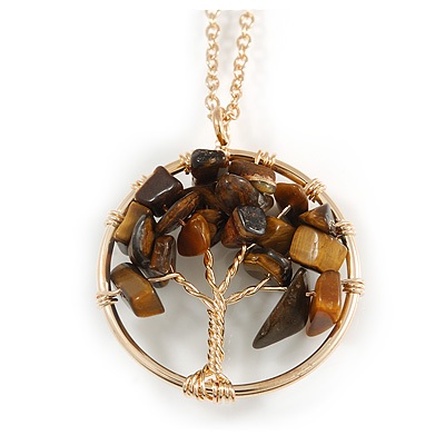'Tree Of Life' Open Round Pendant Tiger Eye Semiprecious Stones with Gold Tone Chain - 44cm - main view