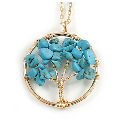'Tree Of Life' Open Round Pendant Turquoise Semiprecious Stones with Gold Tone Chain - 44cm