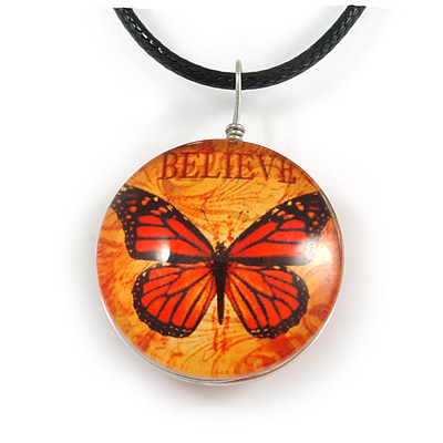 Delicate Round Glass Butterfly (Two-sided) Pendant with Black Cord (Orange/ Black) - 42cm L/ 5cm Ext - main view