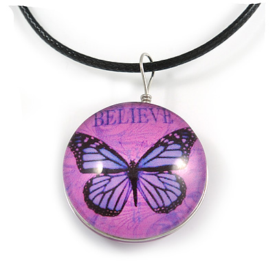 Delicate Round Glass Butterfly (Two-sided) Pendant with Black Cord (Purple/ Black) - 42cm L/ 5cm Ext - main view