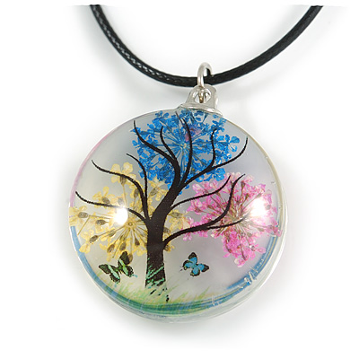 Multicoloured Tree Of Life Round Glass Pendant with Black Cord( Each piece is handmade individually thus comes with a different colour design) - 42cm 