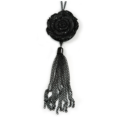 Romantic Rose Motif Chain Tassel Pendant with Black Tone Chain Necklace - 70cm L/ 7cm Ext/ 13cm Pendant - main view