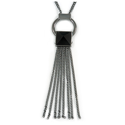 Long Chain Tassel Black Glass Bead Pendant with Black Tone Metal Chain Necklace - 72cm L/ 7cm Ext/ 14cm Pendant - main view