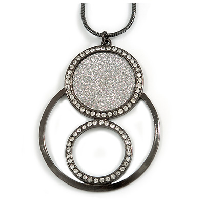Multi Circle Crystal with Silver Glitter Effect Pendant with Long Black Tone Chain - 80cm L/ 7cm Ext/ 6cm Pendant - main view