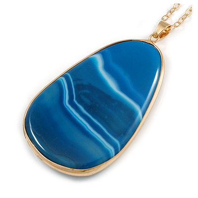 Unique Oval Blue Agate Semiprecious Stone Pendant with Gold Tone Chain - 70cm Long - main view