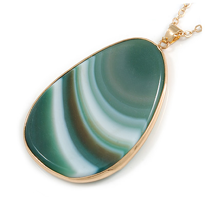 Oval Green Semiprecious Stone Pendant with Long Gold Tone Chain - 70cm Long - main view