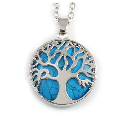 Round Turquoise Stone Tree Of Life Pendant with Silver Tone Chain - 70cm Long - main view