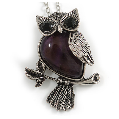 Vintage Inspired Amethyst Semiprecious Stone Owl Pendant with Silver Tone Chain - 70cm Long