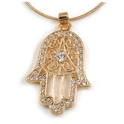 Gold Tone Clear Crystal Hamsa Pendant with Snake Type Chain - 44cm L/ 5cm Ext
