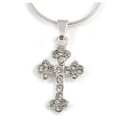 Small Clear Crystal Cross Pendant with Snake Type Chain In Silver Tone - 44cm L/ 4cm Ext - main view