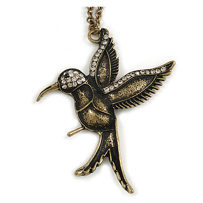 Bronze Tone 'Hummingbird' Long Pendant Necklace - 70cm Length - main view