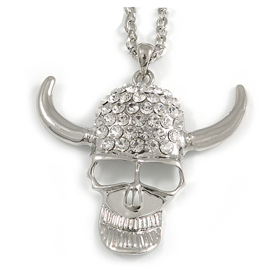 Diamante Skull With Horns Pendant Necklace in Silver Tone - 60cm Long - main view