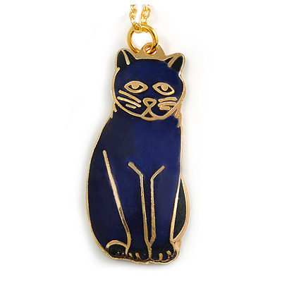 Blue Enamel Cat Pendant with Gold Tone Chain - 44cm L/ 5cm Ext - main view