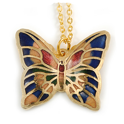 Small Butterfly Pendant with Gold Tone Chain in Blue/ Pink/ Green Enamel - 44cm L/ 5cm Ext - main view
