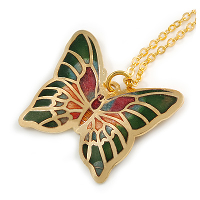 Small Butterfly Pendant with Gold Tone Chain in Green/ Orange/ Red Enamel - 44cm L/ 5cm Ext - main view