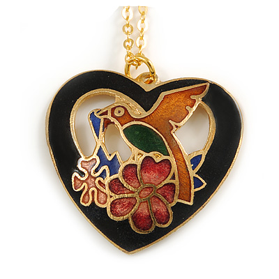 Multicoloured Enamel Heart Pendant with Gold Tone Chain - 44cm L/ 5cm Ext