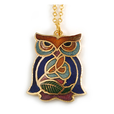 Multicoloured Enamel Owl Pendant with Gold Tone Chain - 44cm L/ 5cm Ext - main view