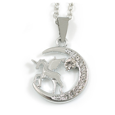 Unicorn on The Moon Small Pendant with Silver Tone Chain - 42cm L/ 4cm Ext - main view