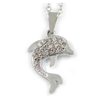 25mm Tall/ Small Crystal Dolphin Pendant with Chain in Silver Tone - 40cm L/ 4cm Ext