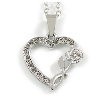 Small Rose in The Heart Crystal Pendant with Silver Tone Chain - 42cm L/ 5cm Ext - main view